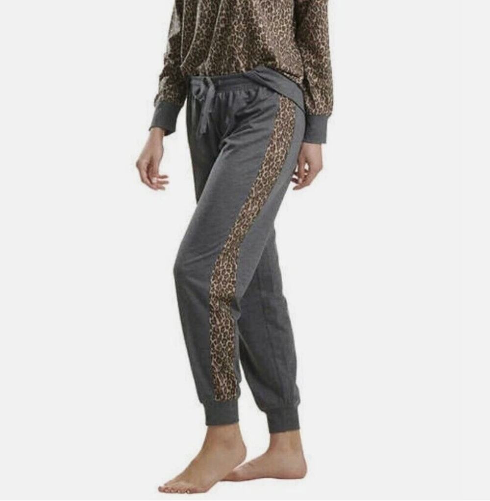 Splendid Womens Fleece Stretch Pajama Pants Lively Leopard Print Gray Size Large